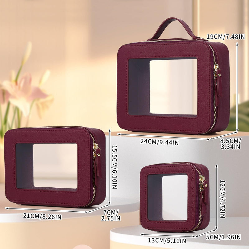 Clear Makeup Bag Set (Burgundy, L+M+MINI) | 3 Piece, Travel Case for Cosmetics and Toiletries, Women's Makeup Organizer, Car Essential, With Zipper B3/Burgundy