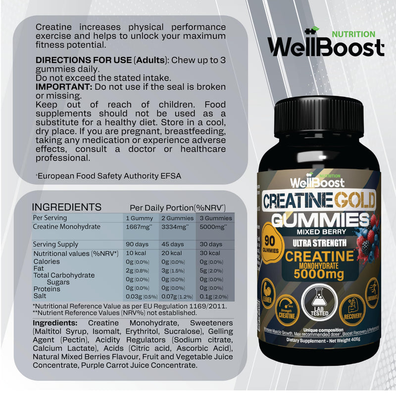WellBoost Creatine Gold – 5000mg Creatine Monohydrate Gummies, Vegan, Sugar-Free for Lean Muscle Growth, Endurance, Recovery & Energy (90 Gummies, 1 Month Supply) with Mixed Berry Flavour G-Creatine Gold -BlueBerry 90 count (Pack of 1)