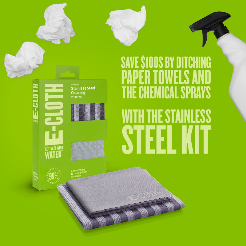 E-Cloth Stainless Steel Microfiber Cleaning Cloth Kit - Stainless Steel Cleaner for Appliances, Oven, Stove, & More - Microfiber Towels for Cars - Reusable Cloths for Cleaning New Version Cleaning & Polishing Set