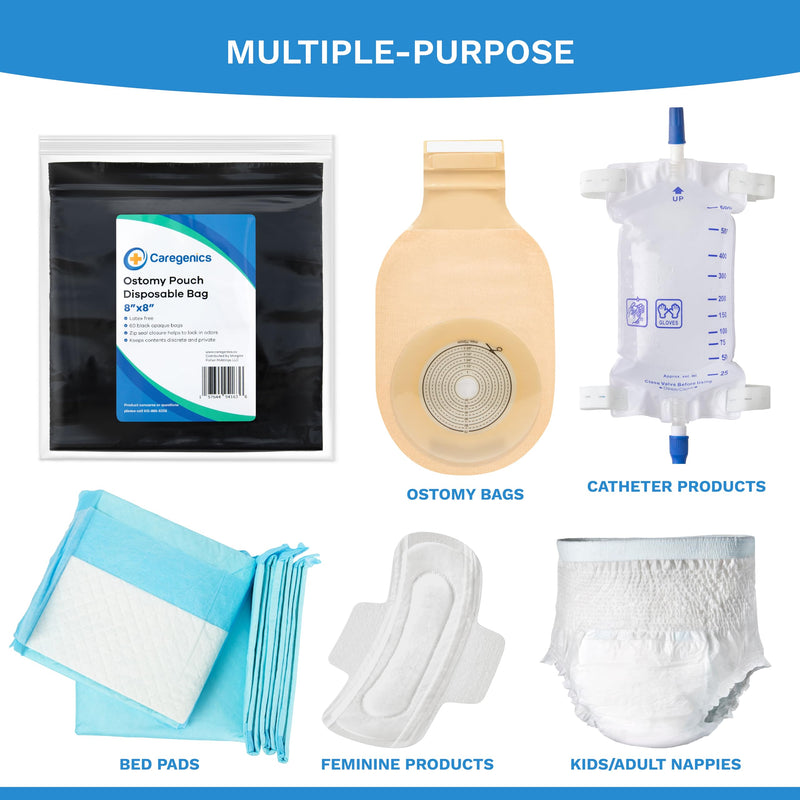[Australia] - Ostomy Pouch Disposable Bags/Zip Seal Closure, Prevents and Locks in Odors, Mess-Free / 8"x8" by Caregenics (60 Count in a Bag) 8x8 