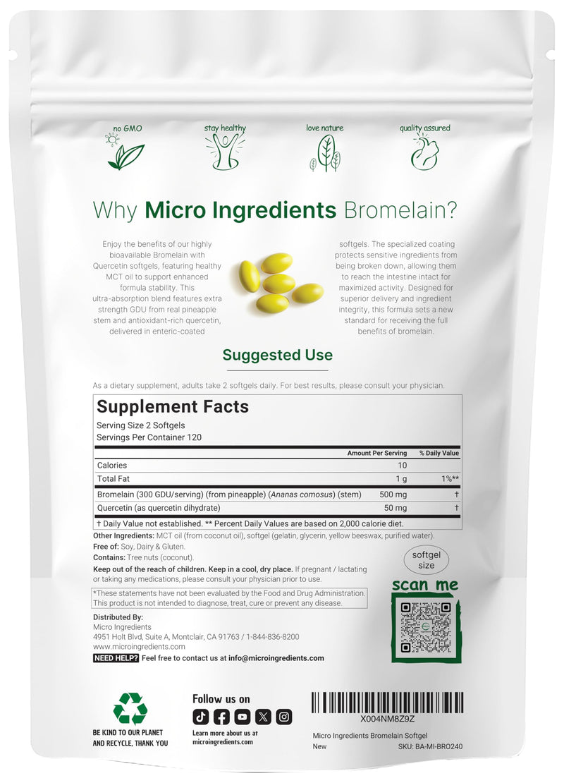 [Australia] - Bromelain 500mg with Quercetin & MCT Oil, 240 Enteric Coated Softgels | Ultra Absorption Bromelain Supplement | Natural Digestive Enzymes for Digestion & Joint Health | Non-GMO, Gluten Free 