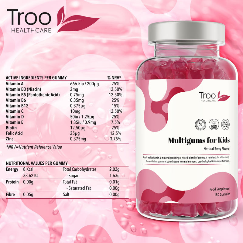 Troo Health Care Multigums for Kids - 150 Natural Berry Chewable Gummies | Multivitamin & Mineral Gummies - Vegan, Non-GMO Includes Vitamins A, B3, B5, B6, B12, C, D2, E, Biotin, Folic Acid & Zinc 1 count (Pack of 1)