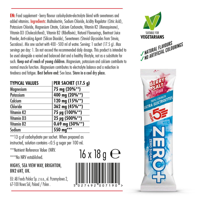 HIGH5 ZERO+ Ultra Electrolytes Hydration Sachets - Triple Strength Hypotonic Sugar Free Electrolytes Powder - Fast Fluid Absorption Rehydration Sachets for Endurance (Berry Salt, 16 x 17.5g) Berry Salt