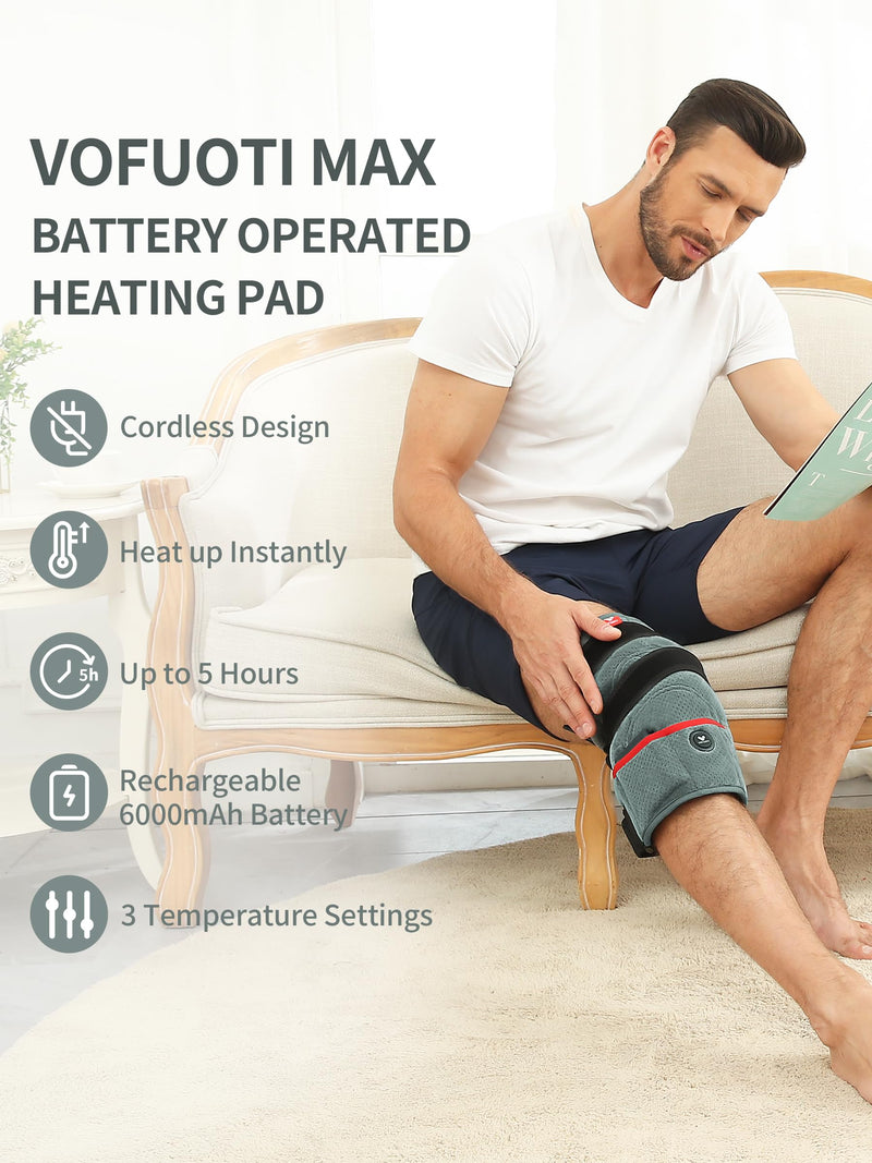 Portable Knee Heating Pad, Cordless Heated Knee Brace with 6000mAh Battery | 3 Heat Levels, Electric Heat Pad for Knee/Elbow/Arm/Calf/Thigh, Leg Heating Pad Wrap Gift for Women Men Mom Dad Gray One Size