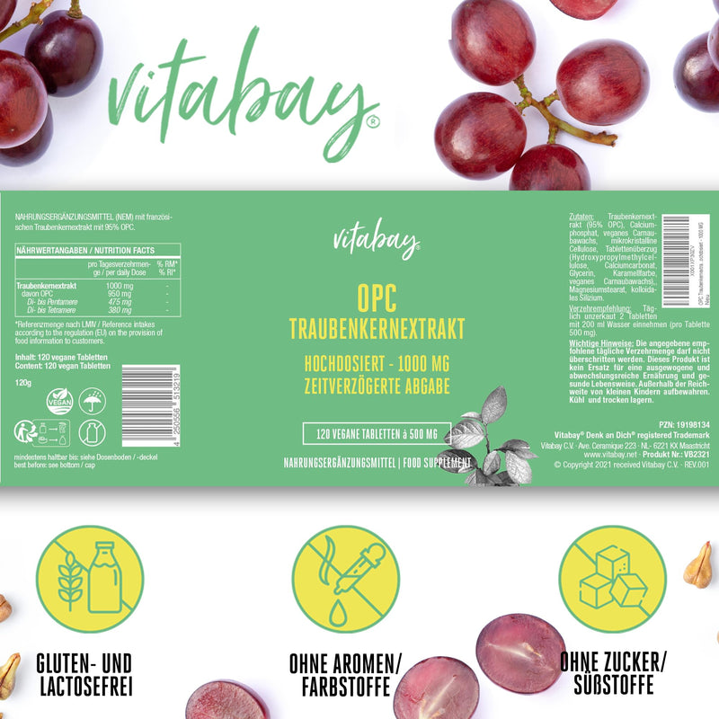 [Australia] - Vitabay OPC Grape Seed Extract 1000 mg High Dose - 120 Vegan Capsules Time Released - Grape Seed Extract with Polyphenols - Natural Plant Substances without Unwanted Additives - Laboratory Tested 120 g (Pack of 1) 