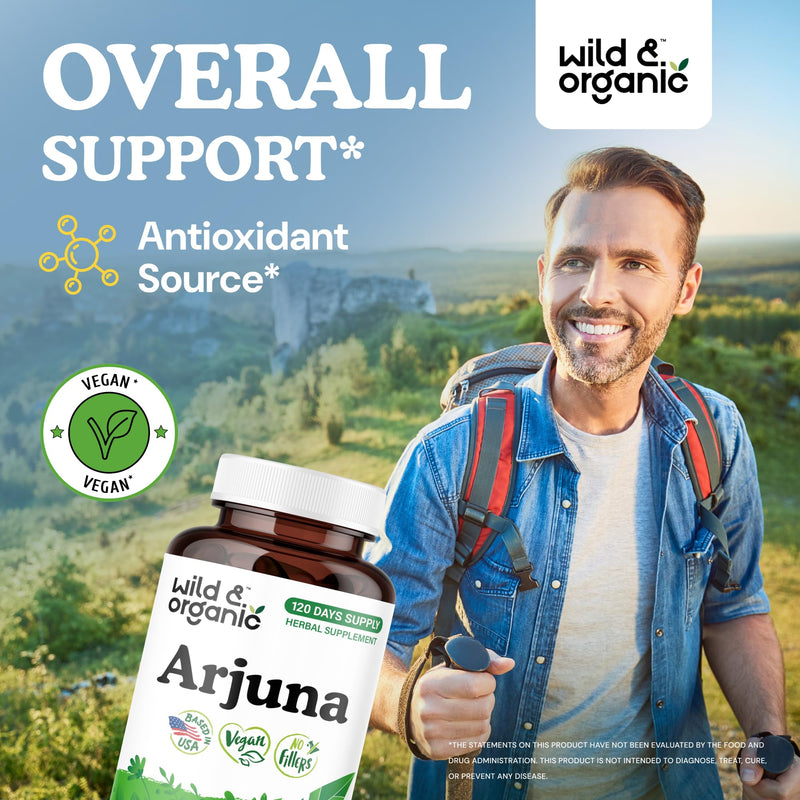 [Australia] - Wild & Organic Arjuna Bark Capsules - Overall Support - Arjuna Powder Supplement - 120 Herbal Capsules - 4-Month Supply - Terminalia Bark & Leaf Extract - Vegan, No Fillers, Non-GMO 