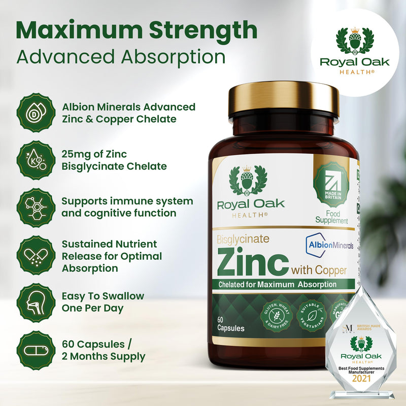 Zinc Bisglycinate 25mg with Copper (Albion Chelated) x60 Capsules (2 Month Supply) High Strength Zinc Supplement for Men & Women. UK Made By Royal Oak Health
