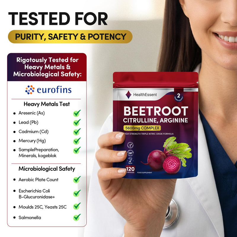 HealthEssent Beetroot Capsules 5600mg High Strength Nitric Oxide Booster | Triple Complex with 5000mg Beetroot, 400mg L-Citrulline, 150mg L-Arginine, Vitamin C & Black Pepper | 120 Vegan Capsules