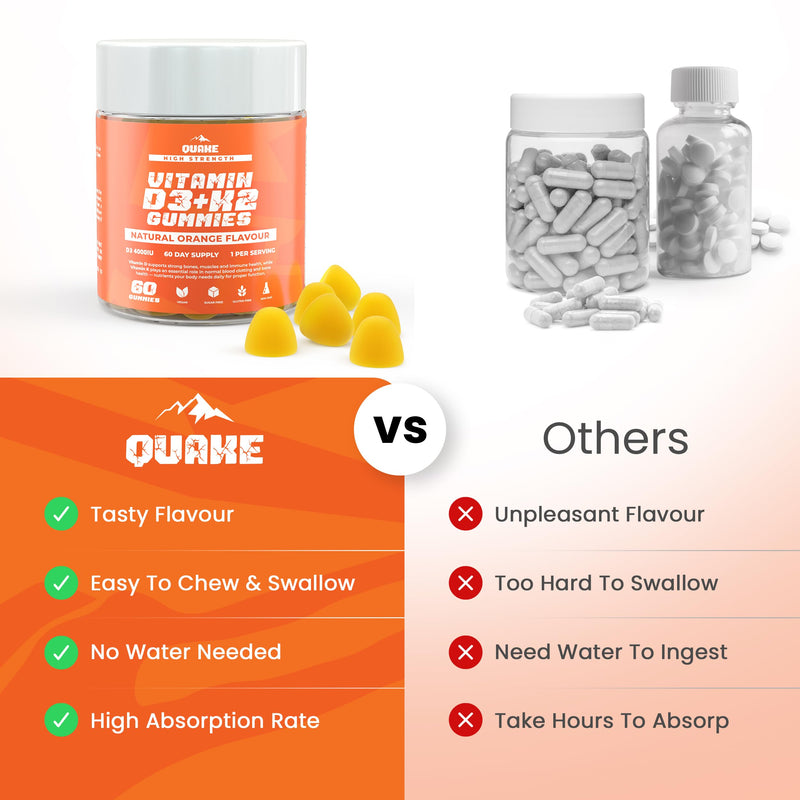 Quake Vitamin D3 + K2 Gummies 4000 IU (100µg) D3 & MK-7 - High Strength Vegan Vitamin D Gummies for Immune Support, Bones & Daily Health - Orange Flavour - 60 Gummies (60 Day Supply)