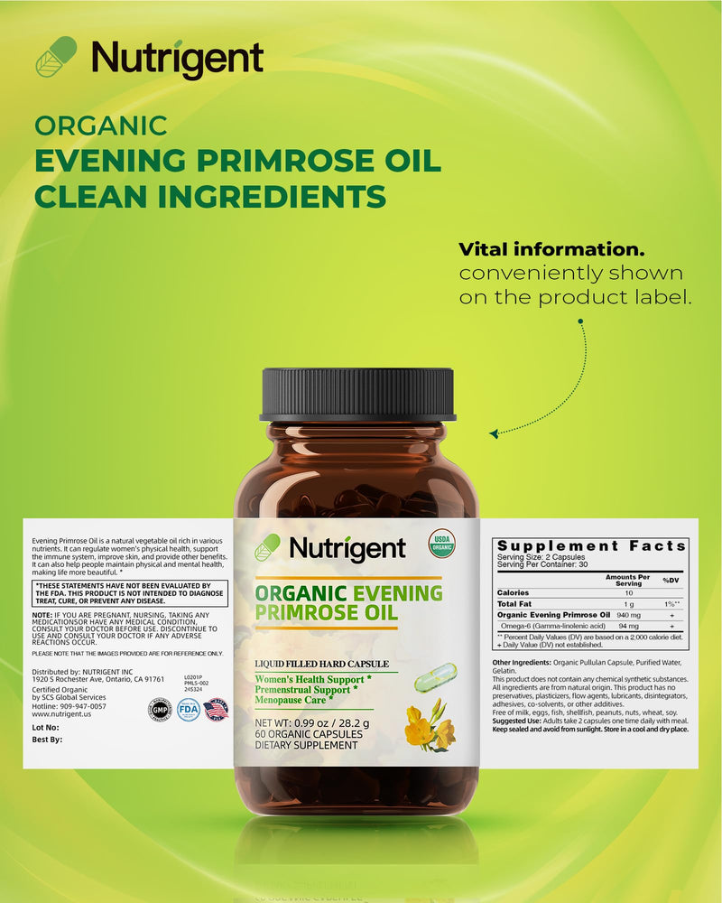 [Australia] - Organic Evening Primrose Oil Supplement, 940 mg 100% Pure with 10% GLA, High Absorption Liquid Organic Capsules, Promotes Women's Health & Skin Health, Cold Pressed, 60 Count 1 