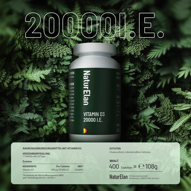 [Australia] - Vitamin D3 20,000 IU high dose - 400 tablets, sunshine vitamin for the immune system, vegetarian, produced in Germany 