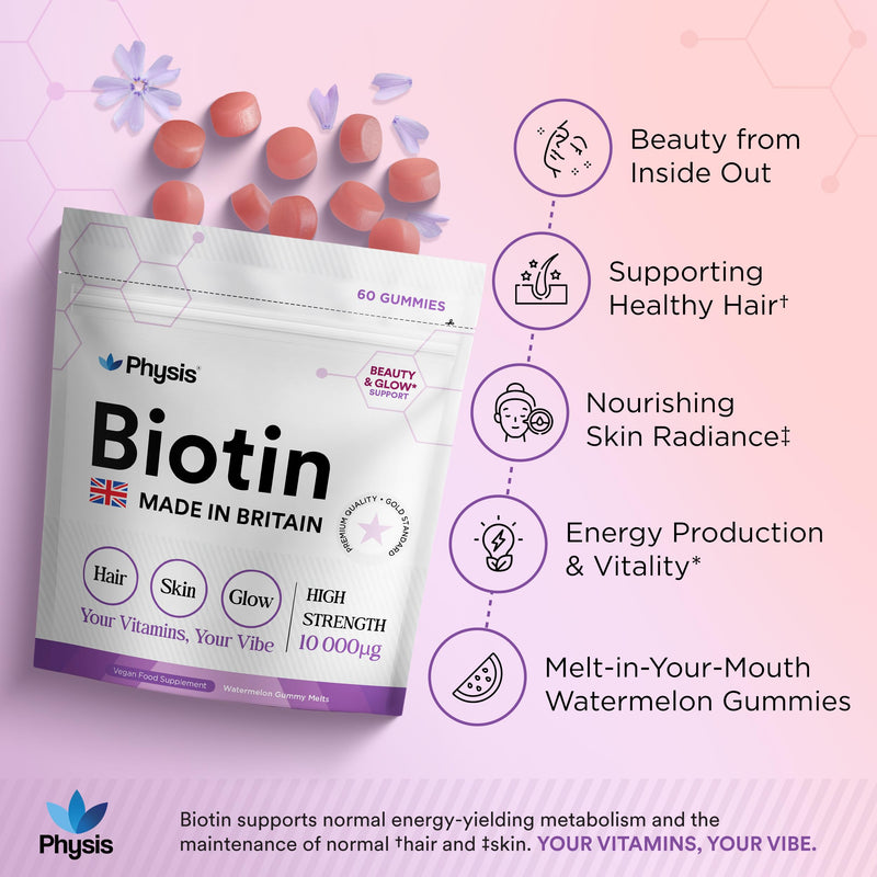 Physis British Biotin Gummies | 10,000mcg High Strength | Hair Skin Nails Vitamins | Natural Growth Supplement | Radiance Health | 60 x Gummies Mouth-Watering Watermelon | Biotin Supplement