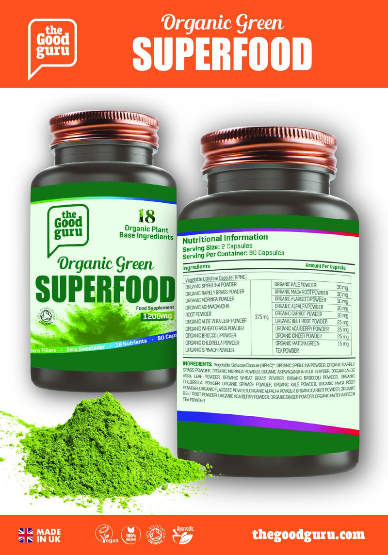 Organic Green Superfood Supplement Capsules - 90 Capsules with 18 Nutritious Ingredients