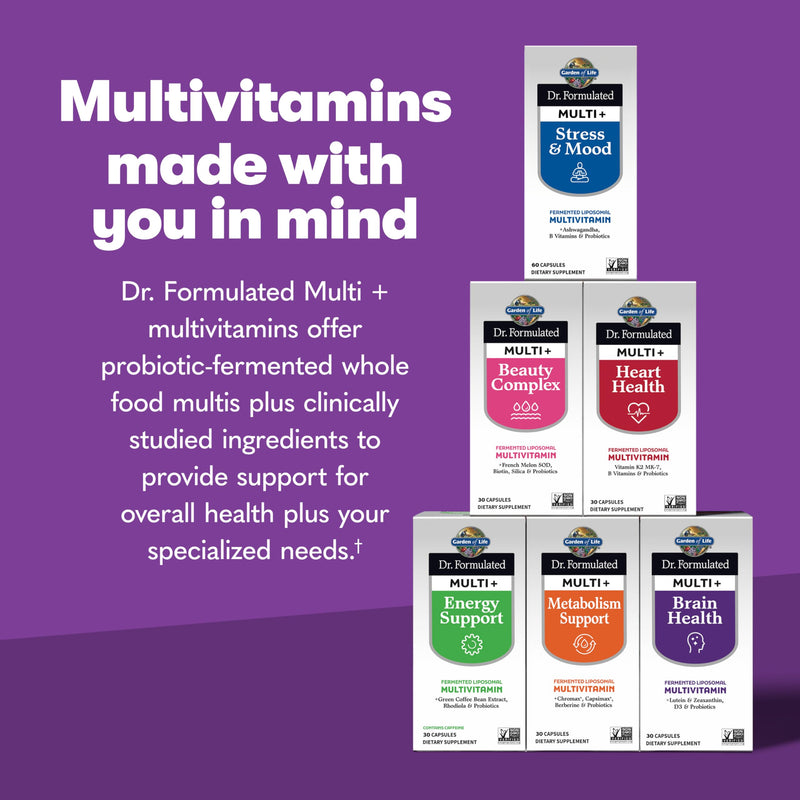 Garden of Life Dr Formulated Multi+ Brain Health, Fermented Liposomal Multivitamin + Lutein & Zeaxanthin, Vitamin D3 & Probiotics - Memory & Focus Support, Digestive & Immune Health, 30 Capsules