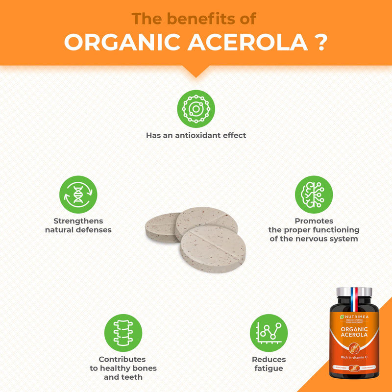 Organic ACEROLA 1000 mg | Natural Vitamin C | Highly Concentrated | Reduces Fatigue, Protects from Oxidative Stress & Strengthens the Immune System | 30 Vegan Tablets | French Expertise