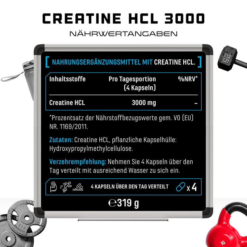 [Australia] - Creatine HCL - 365 vegan capsules - High dose with 3000 mg - Pure creatine hydrochloride - High absorption - High bioavailability 365 pieces 