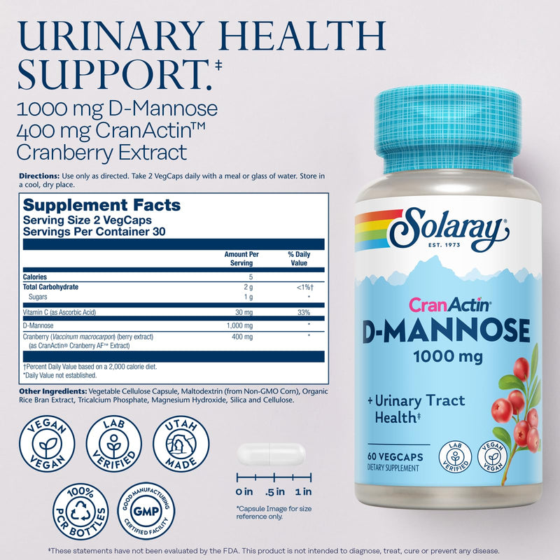 [Australia] - Solaray D-Mannose 1000mg with CranActin Cranberry Extract - D Mannose Cranberry Supplement with Vitamin C - Supports Urinary Tract and Bladder Health - Vegan, 60 Day Guarantee, 30 Servings, 60 VegCaps 60 Count (Pack of 1) 