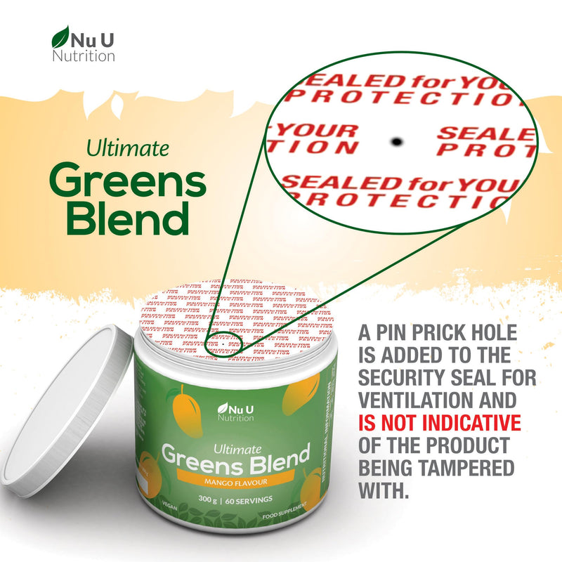 Nu U Nutrition - Super Greens Blend Mango Powder 300g - 17 Active Superfood Ingredients - 60 Servings - Vitamin & Mineral Rich Supplement - 100% Vegan, No Additives