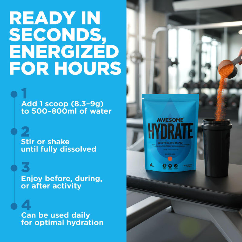 Awesome Hydrate – Vegan Electrolytes Powder – 270g Instant Electrolytes Powder – Sodium, Zero Calorie, Potassium Supplements – Vegan & Gluten-Free Hydration Supplement – (Orange Flavour, 270g) Orange