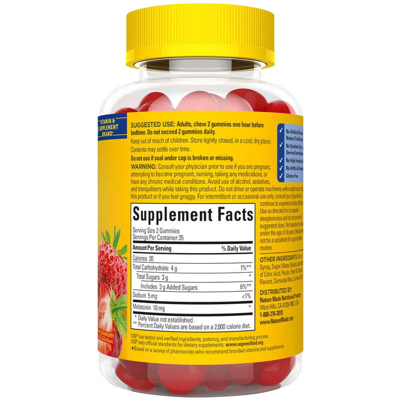 Nature Made Melatonin 10 mg per Serving Gummies, 70 Melatonin Gummies Strawberry 70 Count (Pack of 1)