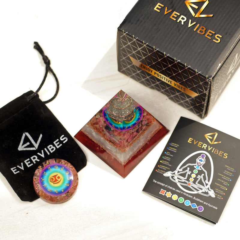 Cancer Zodiac Crystal Pyramid & Palm Stone Set, Natural Pyrite & African Rhodonite Gemstones for Reiki, Yoga, Meditation, Spiritual Practices, Mindfulness, Chakra Decor, Astrology Gift for Men & Women Cancer