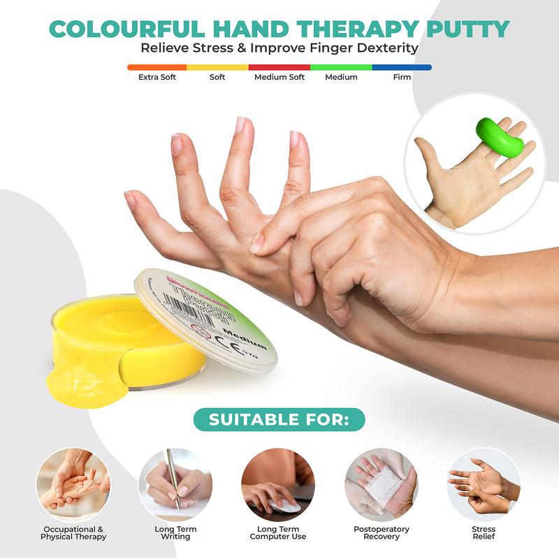 [Australia] - Premium Set of 5 x Therapy Putty Squeezable Non-Toxic, Hand Exercise, Anti-Stress - 5 Strengths for Adults & Children 57g Colour Coded Tubs 
