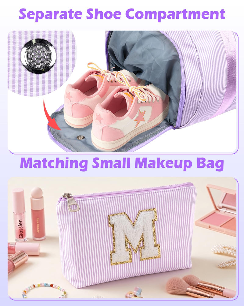 Birthday Gifts for 9 Years Old Girl, Girls Travel Duffle Bag, Gift | Teen Girl Gifts, Dance Bag for Girls, Kids Overnight Bags with Shoe Compartment & Makeup Pouch, Initial Gym Bag (Letter A) Purple