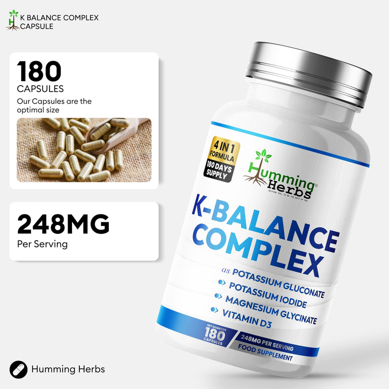 Humming Herbs Potassium Gluconate, Magnesium Glycinate, Iodine & Vitamin D3, 180 Vegan Capsules -Electrolyte, Thyroid & Bone Health Support