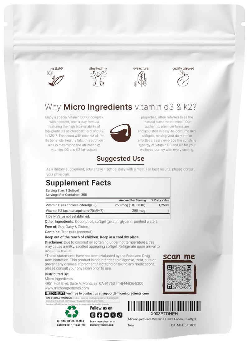 Micro Ingredients Vitamin D3 K2 MK-7 10,000 IU Per Serving, 300 Softgels | Made with Virgin Coconut Oil, K2 200 mcg Per Serving. D3 & K2 Vitamin Supplement. Easy-to-Swallow. Non-GMO, Gluten Free. 300 Count (Pack of 1)
