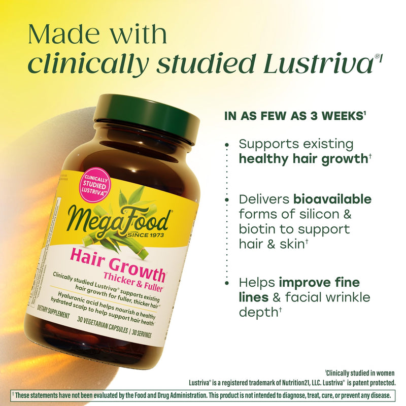 MegaFood Hair Growth, Lustriva, Hyaluronic Acid & Biotin, 30 Capsules | Clinically Studied Lustriva Supports Thicker & Fuller Existing Hair Growth, Hyaluronic Acid and Biotin 10000mcg, 30 Servings