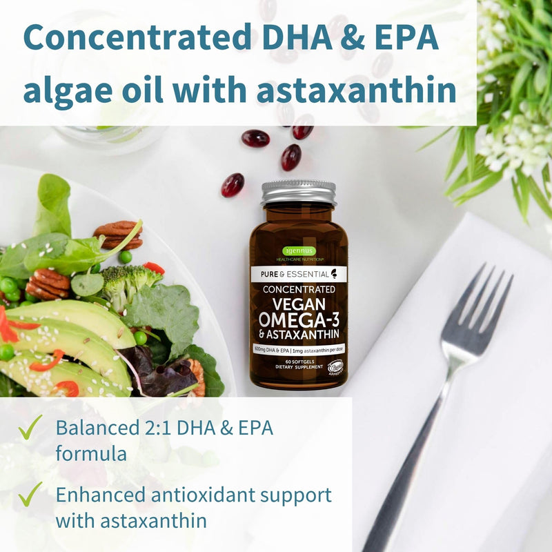 [Australia] - Igennus Vegan Omega-3 Natural Triglyceride Algae Oil, DHA & EPA Fatty Acid Supplement, 60 Small Softgels with Astaxanthin, Easy-to-Swallow, Pure & Sustainable, 30 Servings Unflavored 60 Count (Pack of 1) 