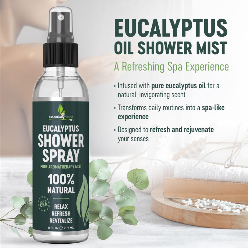 Pure Eucalyptus Shower Spray - Eucalyptus Spray for Shower, Sauna and Spa | 100% Pure & Organic Oil - Steam Room Oil - Aromatherapy - Sinus Congestion Relief - Tension Relief - Made in USA - Big (8oz) 8 Fl Oz (Pack of 1)