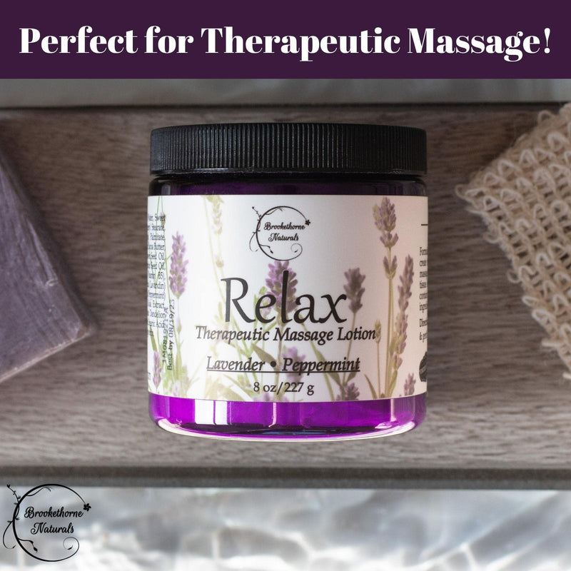[Australia] - Relax Therapeutic Massage Lotion – All Natural Enriched with Lavender & Peppermint Essential Oils Perfect for Massage Therapy - Massage Cream for Full Body Massage - Brookethorne Naturals 8oz 