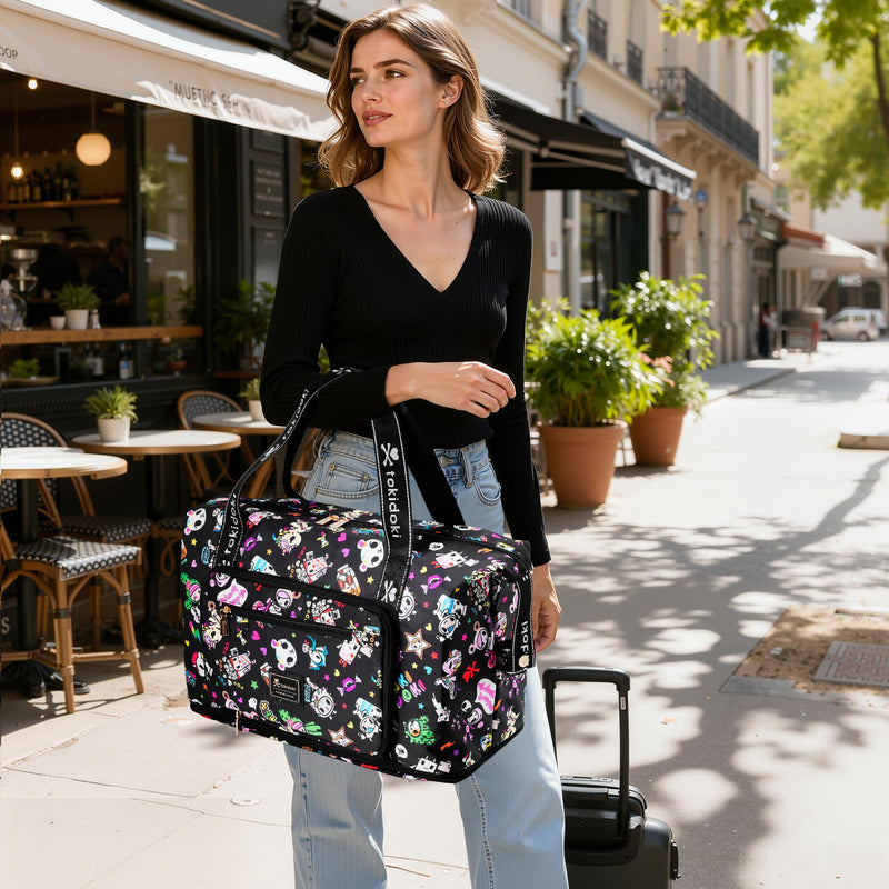 Tokidoki Foldable Duffle Bag for Travel, Airline Approved Weekender Bag | Officially Licensed │ Foldable │ 30-40L Expandable │ 6 Pockets│ Carry-On │ with Trolley Sleeve Black
