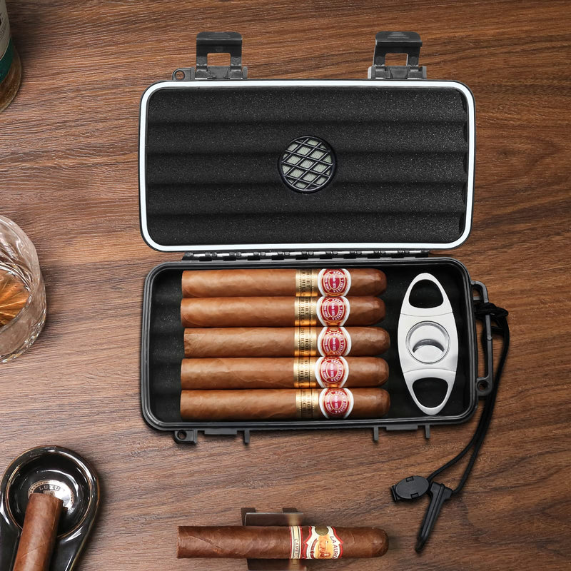 [Australia] - Flauno Travel Cigar Humidor Case - Portable Cigar Box with Humidifier Disc & Cigar Cutter | Waterproof | Crushproof | Airtight | Durable (Holds up to 5 Cigars) Holds up to 5 Cigars 