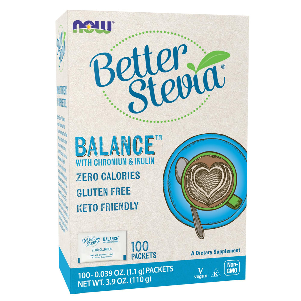 NOW Foods BetterStevia Balance with Chromium and Inulin, Zero-Calorie Granulated Sweetener Packets, Keto Friendly, Suitable for Diabetics, No Erythritol, 100 Packets