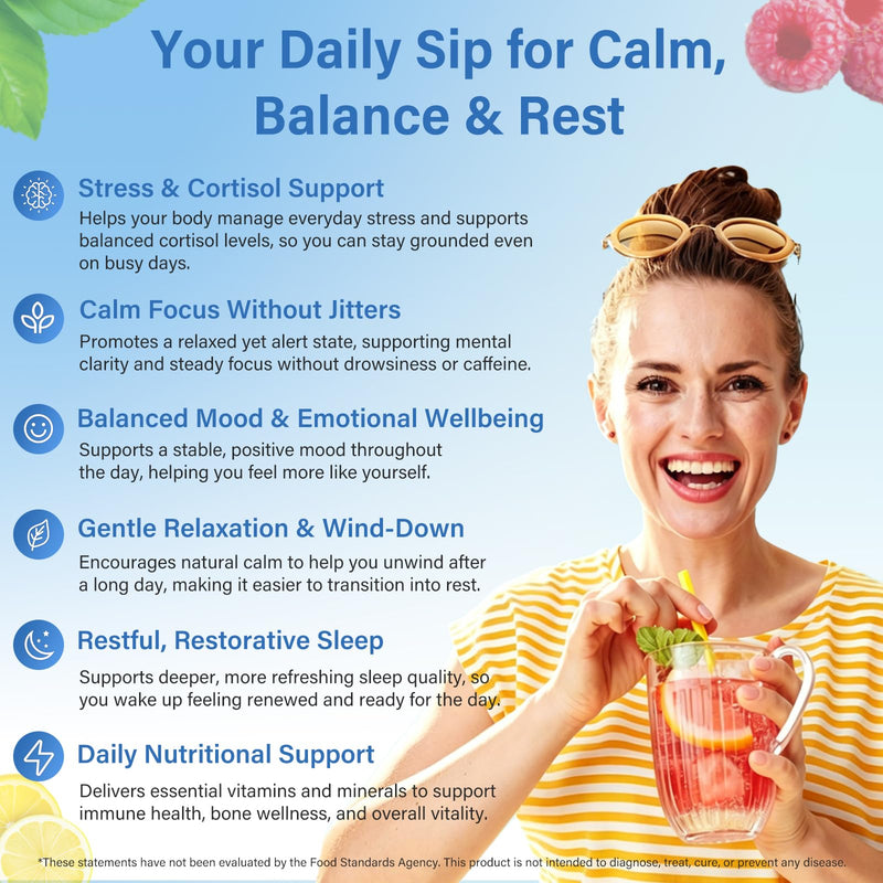 Cortisol Calm Drink Sachets, Magnesium Glycinate Powder with Ashwagandha, L-Theanine & Vitamin D3, Stress Relief, Sleep & Relaxation Support, Sugar-Free, Non-GMO, 30 Sticks, Raspberry Lemonade Flavour