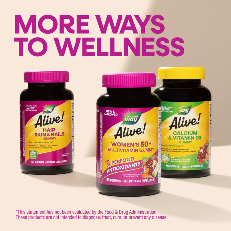 Nature's Way Alive! Women's 50+ Multivitamin Gummies, Mixed Berry, 130 ct | Daily Gummy Multi with B-Vitamins, Vitamin D3 & Calcium to Support Heart, Brain, & Bone Health for Women 50 and Older* 130 Count (Pack of 1)
