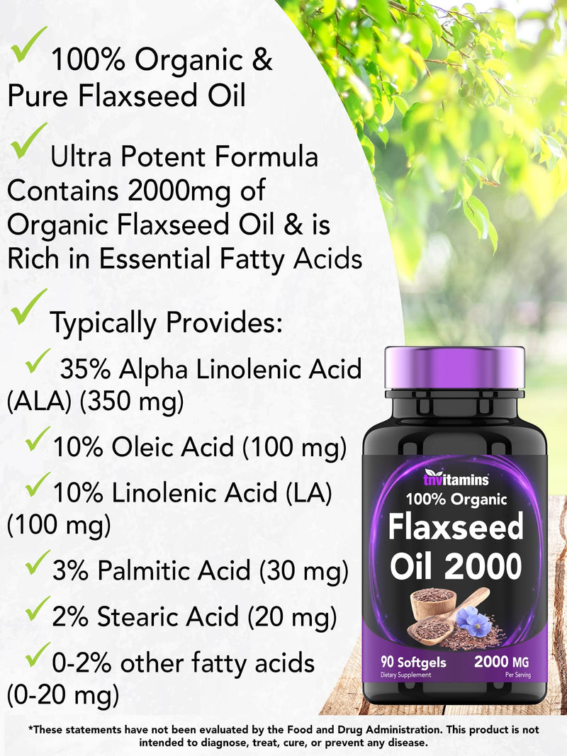 [Australia] - Organic Flaxseed Oil Softgels: 2000 mg x 90 Softgels | High in Omega-3 Fatty Acids | Flaxseed Oil Supplement for Women & Men | Non-GMO 