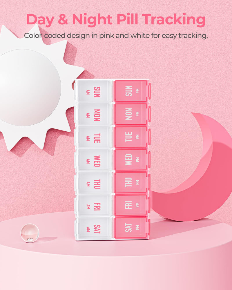 AMOOS Weekly Pill Organizer 2 Times a Day, Large Compartments, BPA-Free | AM PM Pill Box 7 Day in Pink & White, Pill Case Easy to Use, Pill Container for Vitamins, Fish Oils, Supplements, Medicines 01-pink