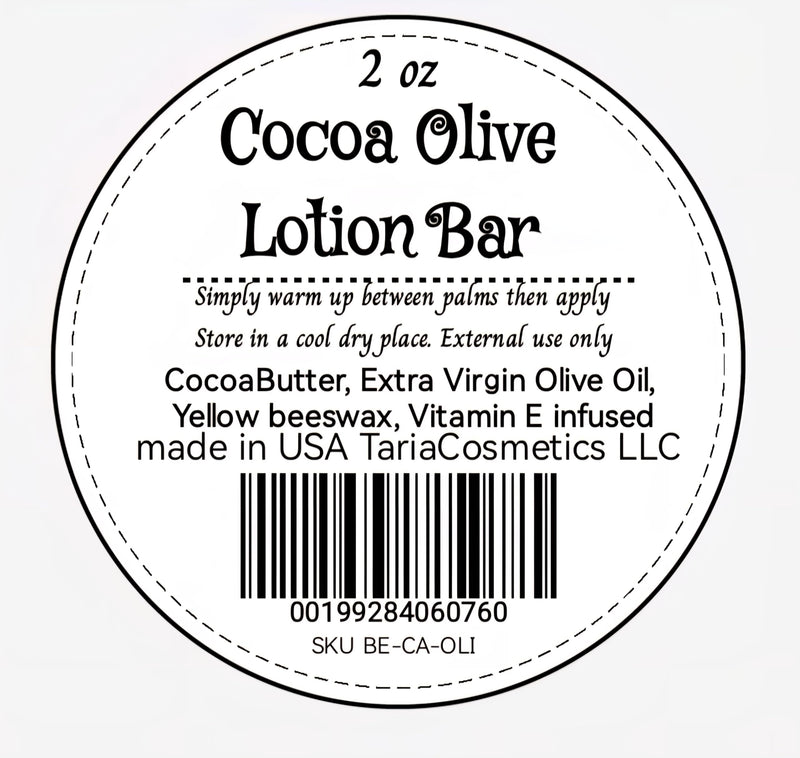 Cocoa Olive Lotion Bar, 2 oz, Natural with Cocoa Butter, Extra Virgin Olive Oil, Vitamin E