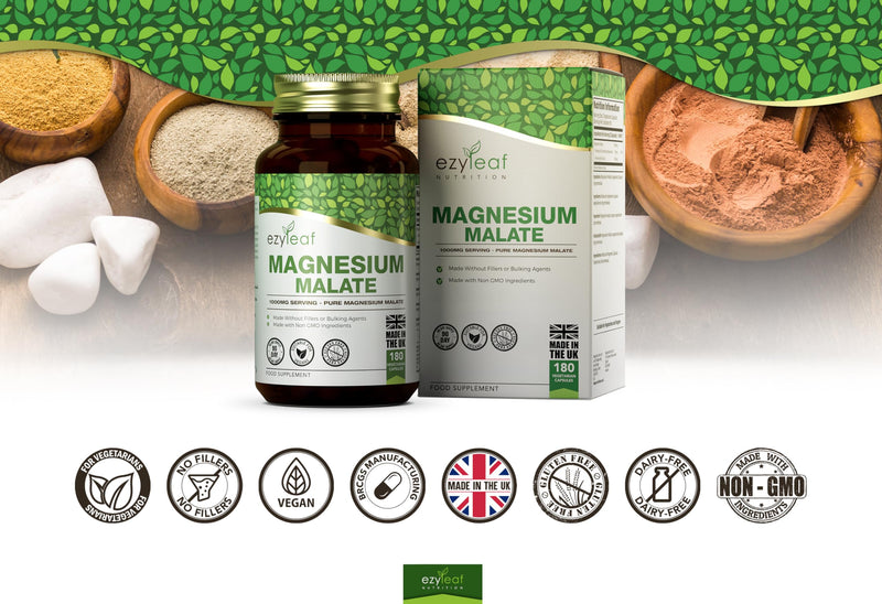 Ezyleaf Magnesium Malate Capsules | 1000mg Malate per Serving - 180 Caps High Strength Magnesium Supplement | Vegan & Filler Free Capsules | Non-GMO, Gluten & Allergen Free | Made in The UK 180 count (Pack of 1)