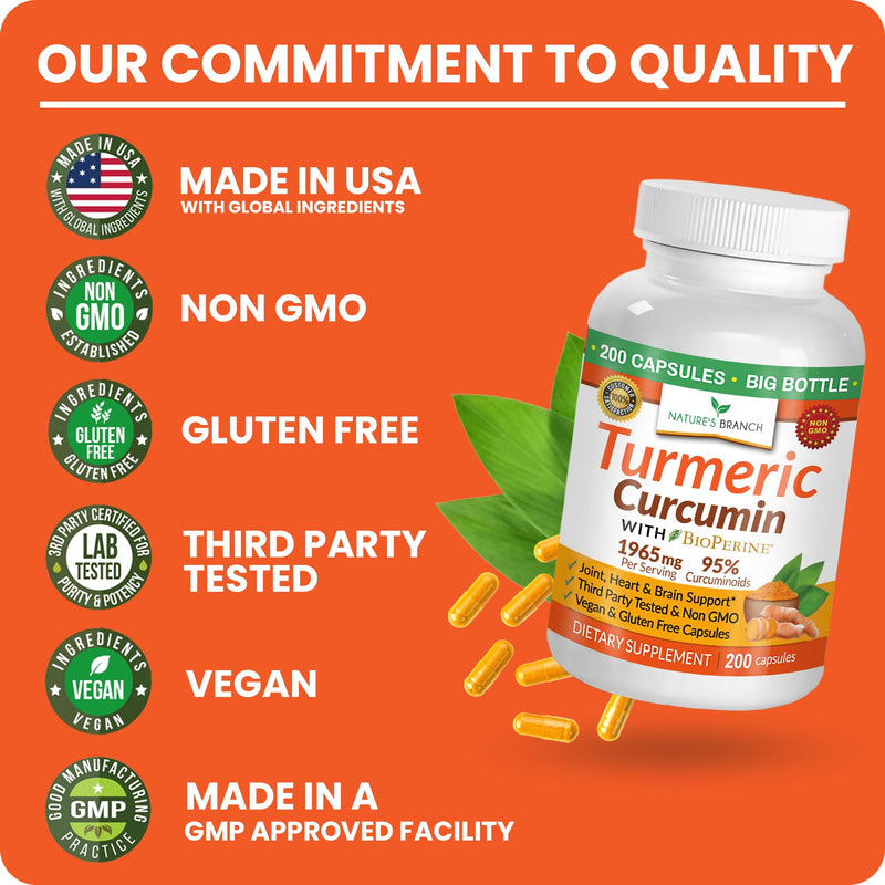 [Australia] - Turmeric Curcumin with Black Pepper BioPerine - 𝟮𝟬𝟬 𝗖𝗔𝗣𝗦𝗨𝗟𝗘𝗦 - Extra Strength 1965mg Joint Support Supplement, High Absorption, Made in USA with Organic Powder Vegan Extract Complex Pills 