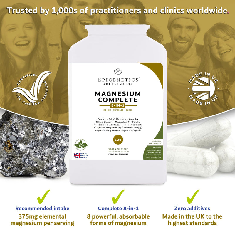 Magnesium Complete 8-in-1 | Pure 375mg Elemental Magnesium Per 2 Capsules (2-Month Supply) | No Stearates or Additives | 120 Vegan Capsules UK Made