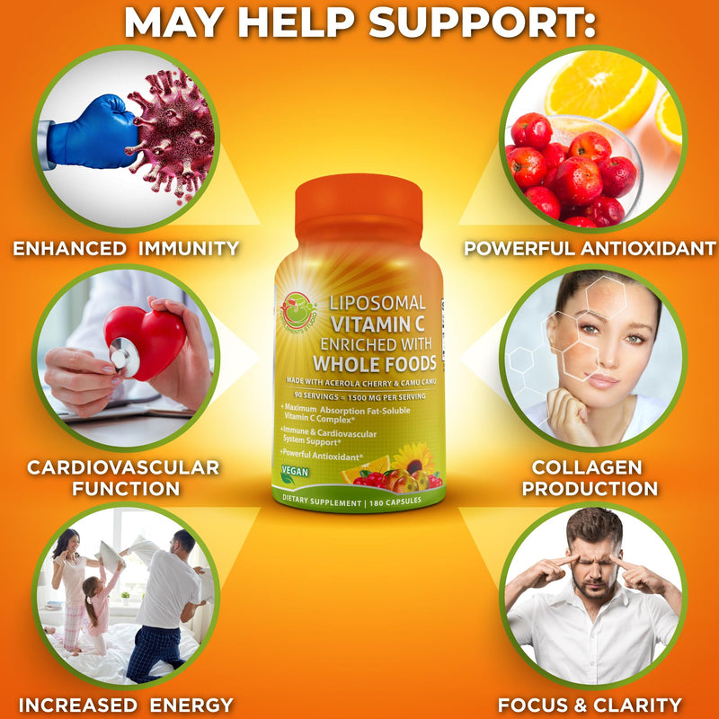 [Australia] - Liposomal Vitamin C Capsules - 1500mg - Made with Organic Acerola Cherries & Camu Camu, High Potency Vitamin C Liposomal - Immune Support Supplement, Enhanced Absorption & Bioavailability - 180 Count Powder Liposomal Capsule 1500mg - 180 ct 