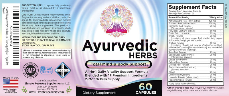 2-Month Ayurvedic Herbs Supplement 17-in-1 | Mind & Body | Ayurveda Health Support Blend | Men & Women | Ayurvedic Supplements | 60 Capsules
