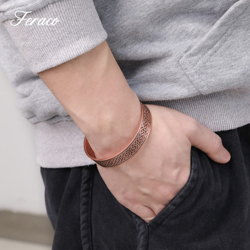 [Australia] - Feraco Copper Bracelets for Men, 12X Strength Wide Pure Copper Magnetic Bracelet for Men with Neodymium Magnets, Adjustable Cuff Bangle with Giftable Box Chain 