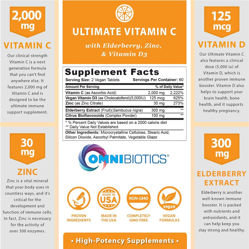 OmniBiotics Ultimate Vitamin C Supplement 2000mg – with Zinc, Elderberry Extract, and D3 – High Potency Immune Support & Collagen Booster – 120 Vegan Tablets 120 Count (Pack of 1)
