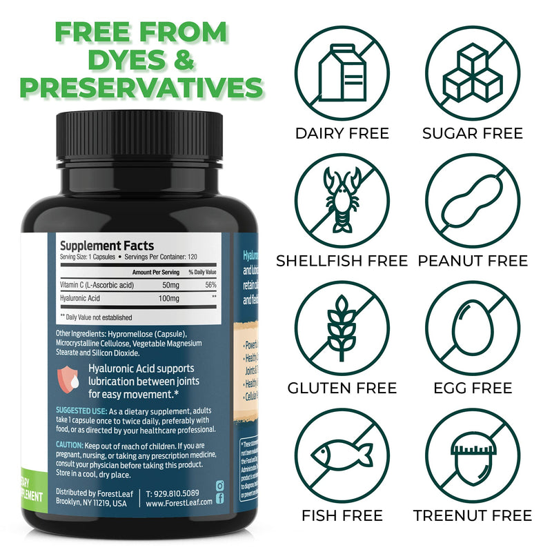 [Australia] - ForestLeaf - Hyaluronic Acid Supplements - 120 Vegetable Capsules - 100mg Dietary Hyaluronic Acid + 50mg Vitamin C Joint & Anti Aging Beauty Formula - Supports Skin Hydration, Joints, Bones & Hair 