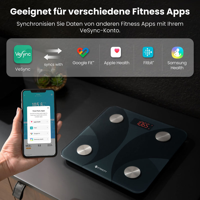 [Australia] - ETEKCITY body fat scales, digital personal scales with APP, personal smart scales with body fat and muscle mass, Bluetooth body analysis scales for BMI, protein, 180 kg/400 lb, black 